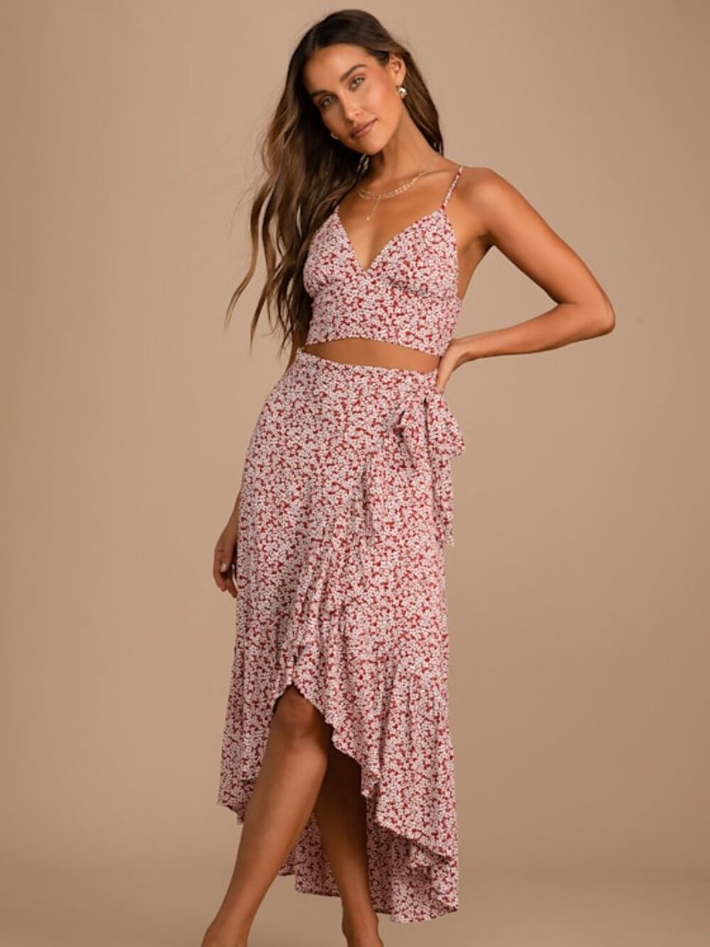 Lulus Summer Romance Rust Brown Floral Print Two-piece Midi Dress - Size M